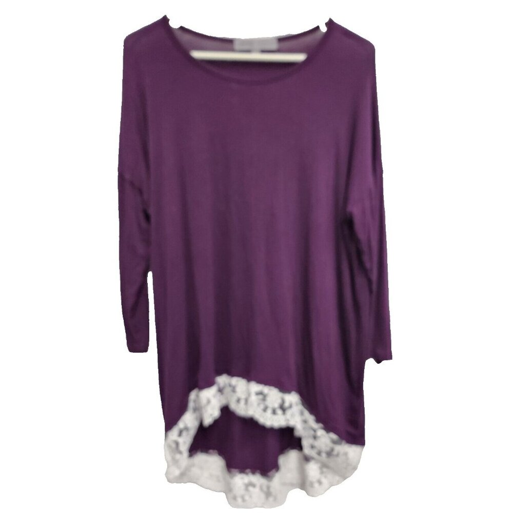 Absolutely Famous Womens BOHO Tunic Top Large Purple Jersey 3/4 Sleeve Lace‎ Hem